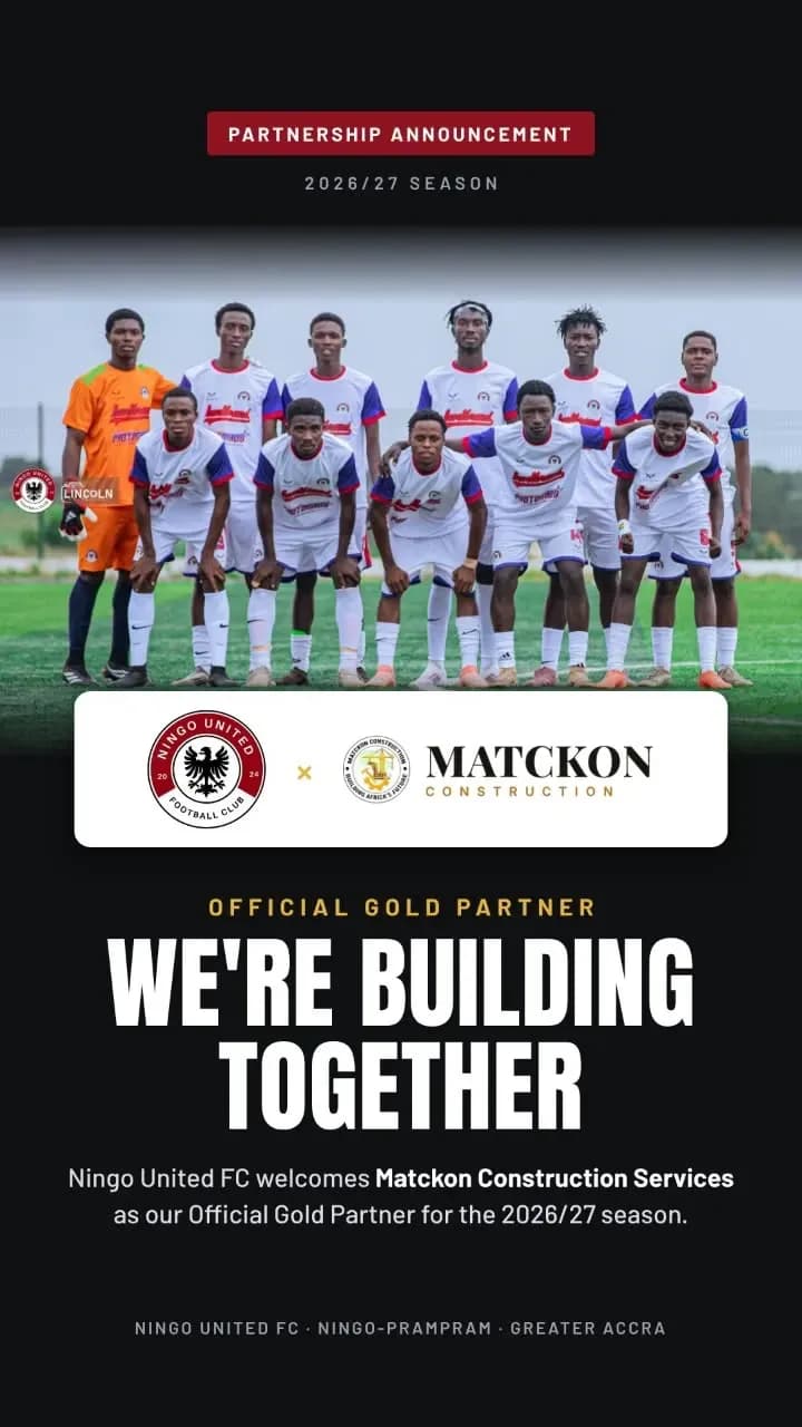 Partnership announcement: Ningo United FC welcomes Matckon Construction Services as its Official Gold Partner for the 2026/27 season, over a photograph of the team in the new kit