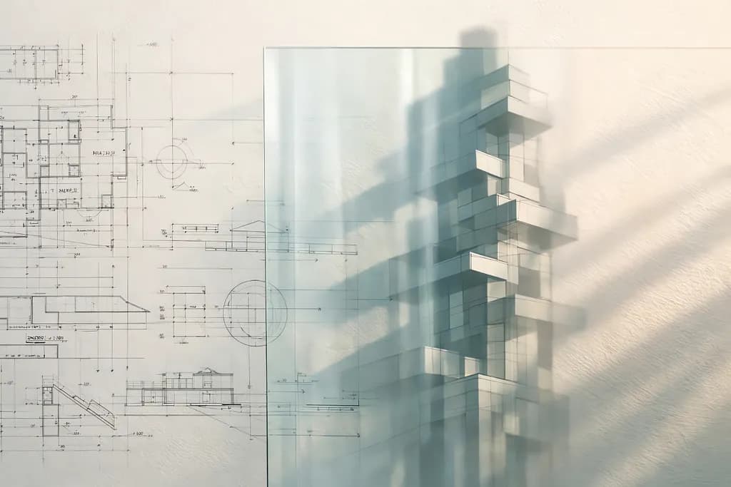 Architectural drawings resolving into a building